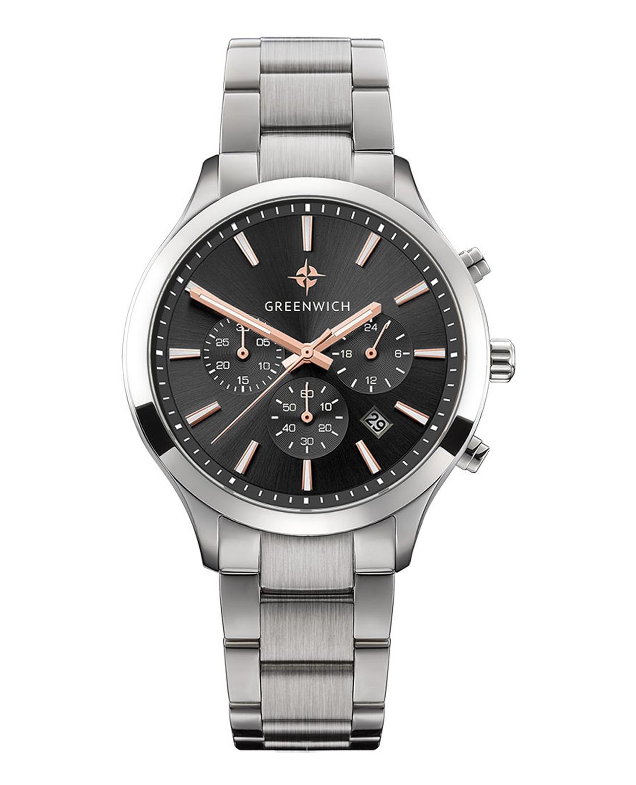 Greenwich Greenwich Skipper GW 043.10.35  GW 043.10.35 кварцевые мужские часы серый циферблат, браслет нержавеющая сталь — вид спереди